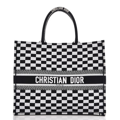 Christian Dior Canvas Embroidered Checkered Book Tote Black White 1 of 10