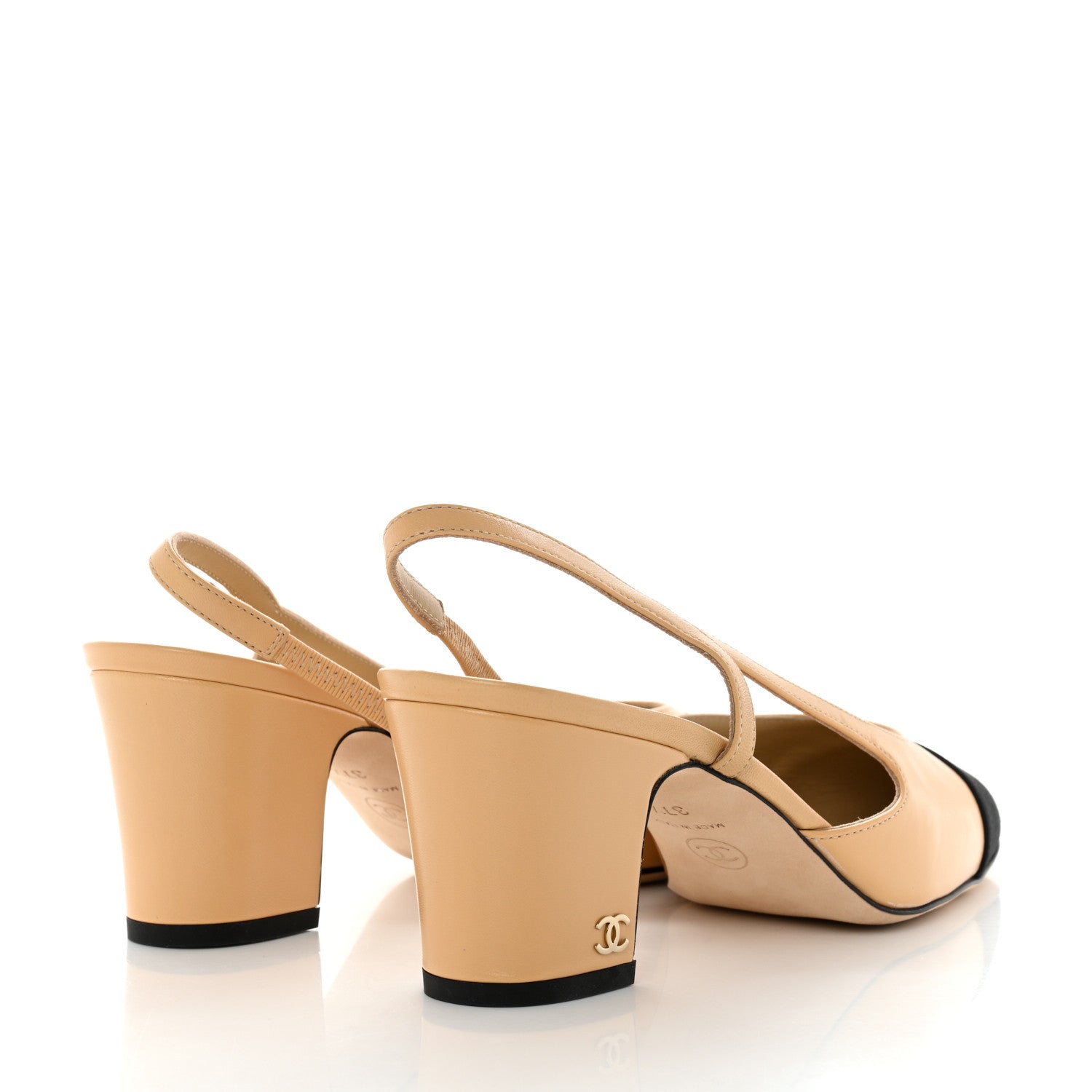 Chanel Goatskin Grosgrain Cap Toe CC Slingback Pumps 37.5 Beige Black 4 of 9