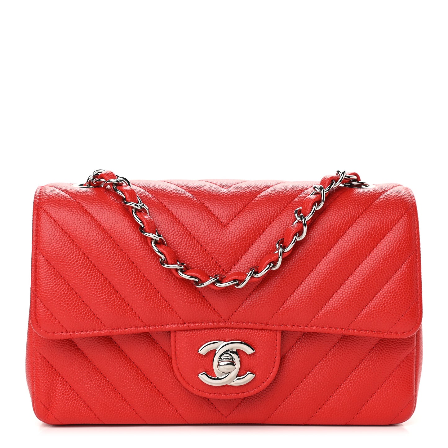 Caviar Chevron Quilted Mini Rectangular Flap Red