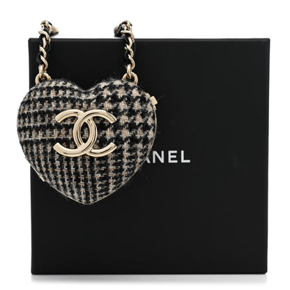 Chanel Tweed Lambskin CC Heart Locket Necklace Gold Black Beige 7 of 7