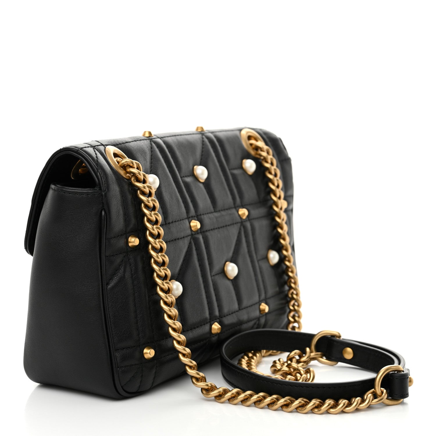 Gucci Calfskin Matelasse Studded Small Pearly GG Marmont Shoulder Bag Black 3 of 10