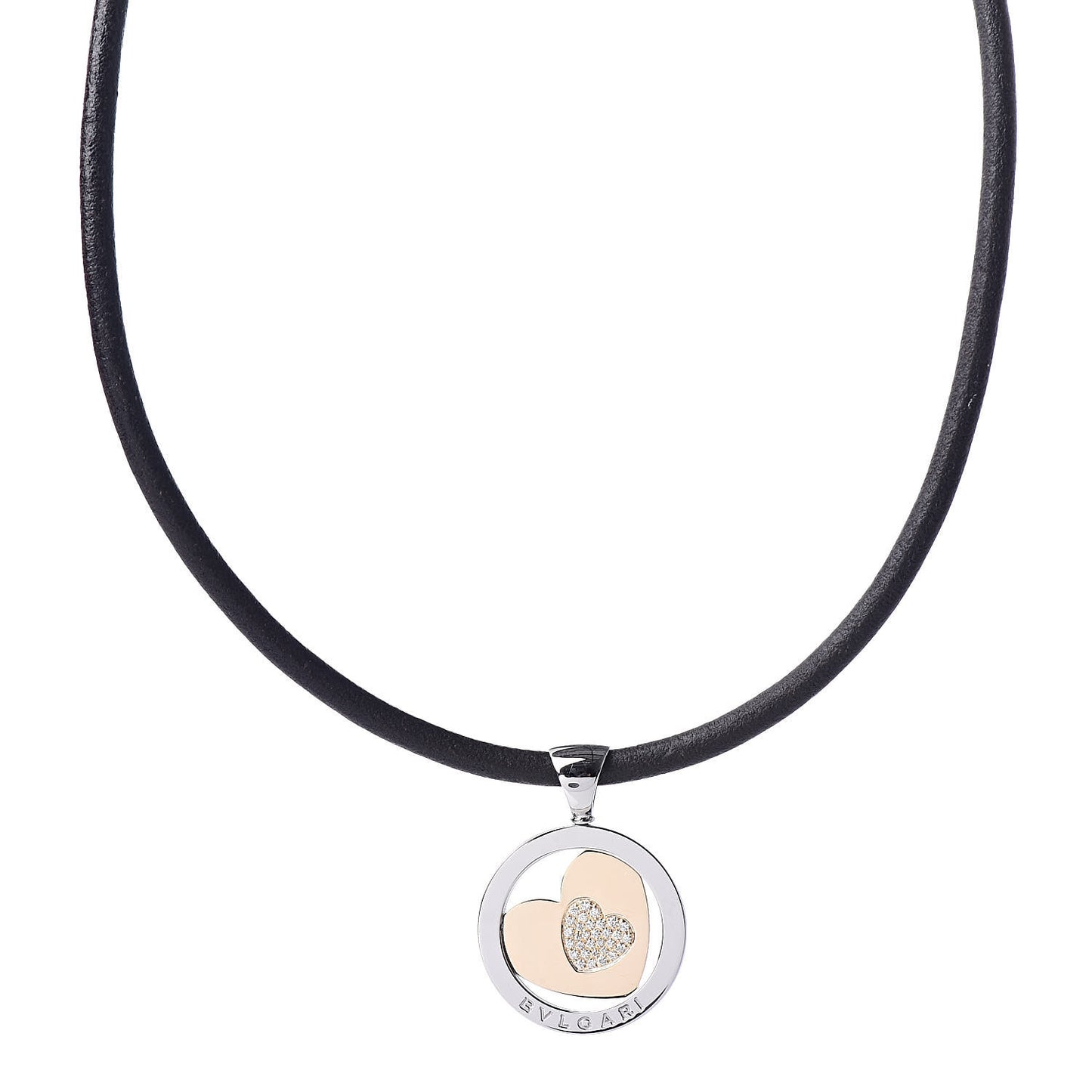 Stainless Steel 18K Yellow Gold Diamond Tondo Heart Pendant Necklace Black