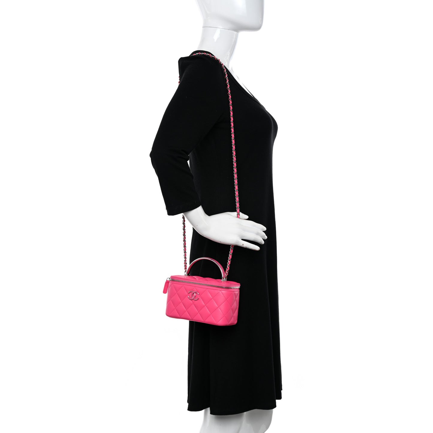 Lambskin Enamel Quilted Top Handle Clutch With Chain Fuchsia
