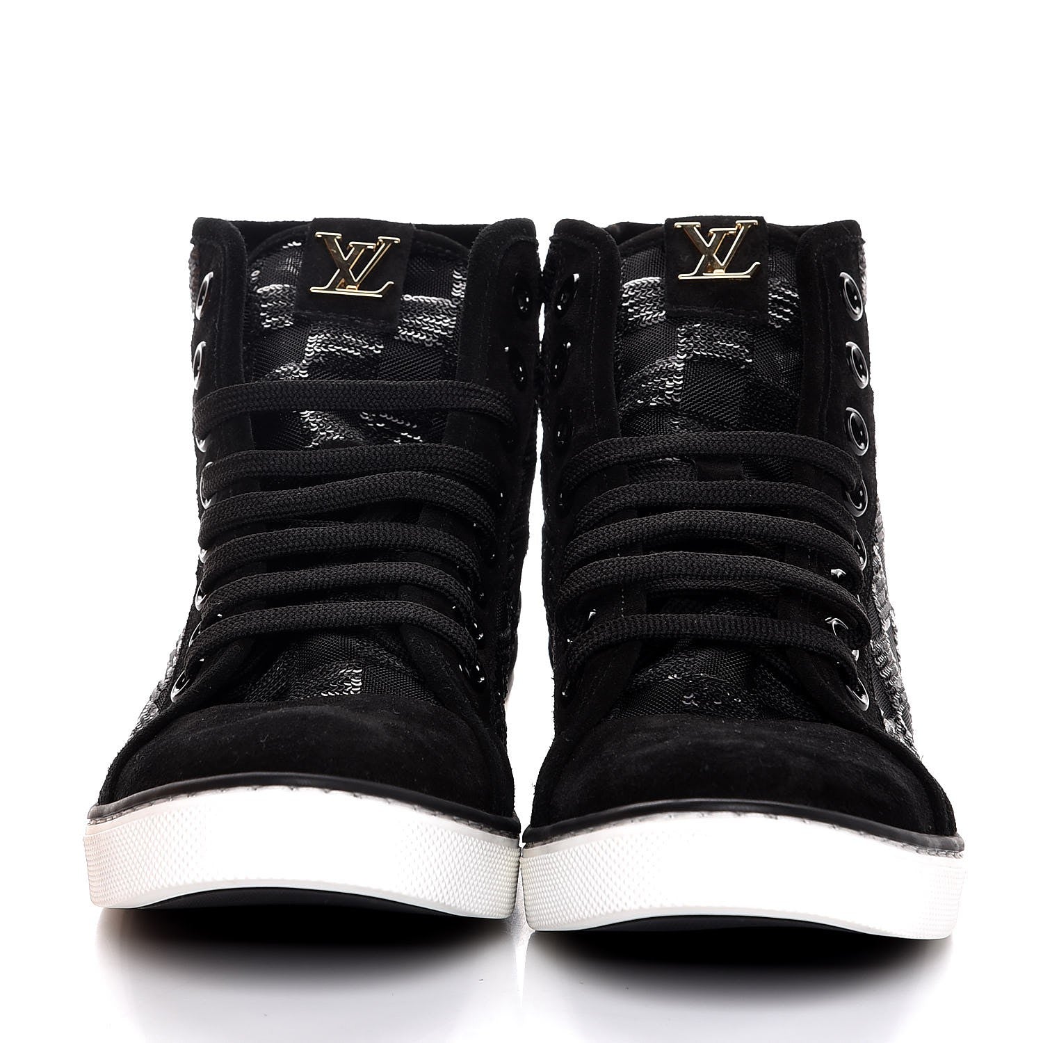 Louis Vuitton Calfskin Suede Sequins Damier Punchy High Top Sneakers 38.5 Black 2 of 8
