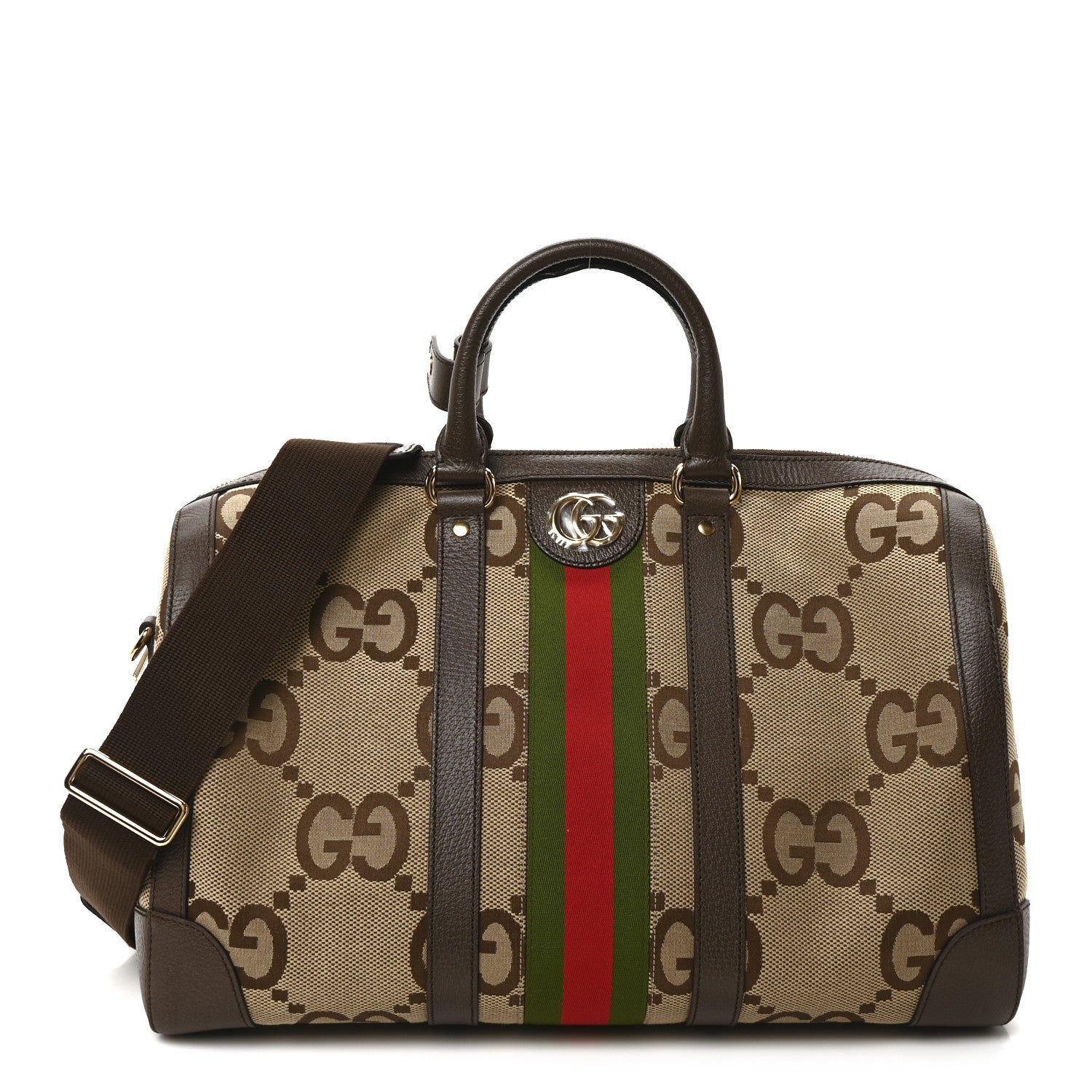 Gucci Monogram Jumbo GG Textured Dollar Calfskin Web Medium Duffle Bag Camel Ebony 1 of 10