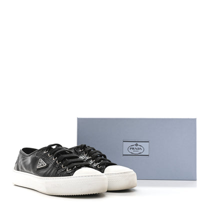Prada Patent Naplak Triangle Logo Womens Low Top Sneakers 40 Black White 10 of 10