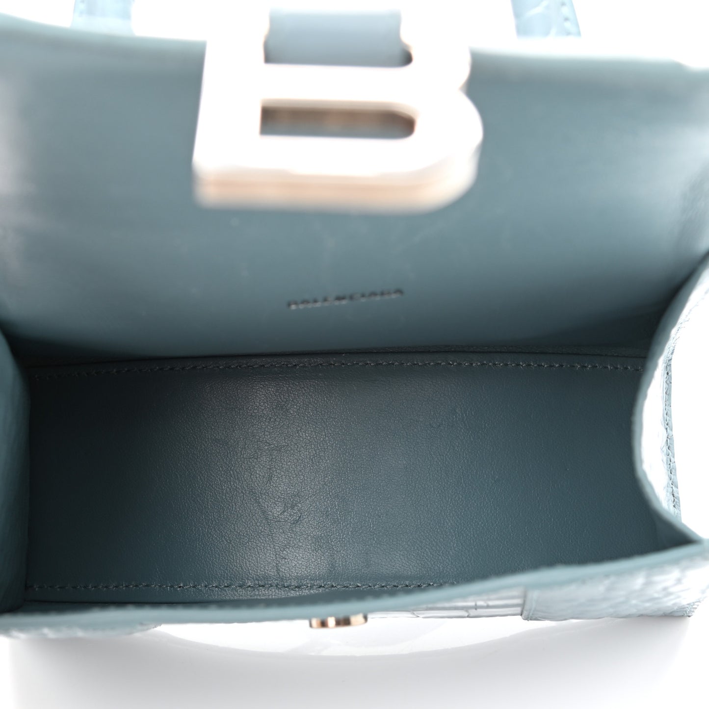 Shiny Calfskin Crocodile Embossed Hourglass Top Handle Bag XS Blue Grey