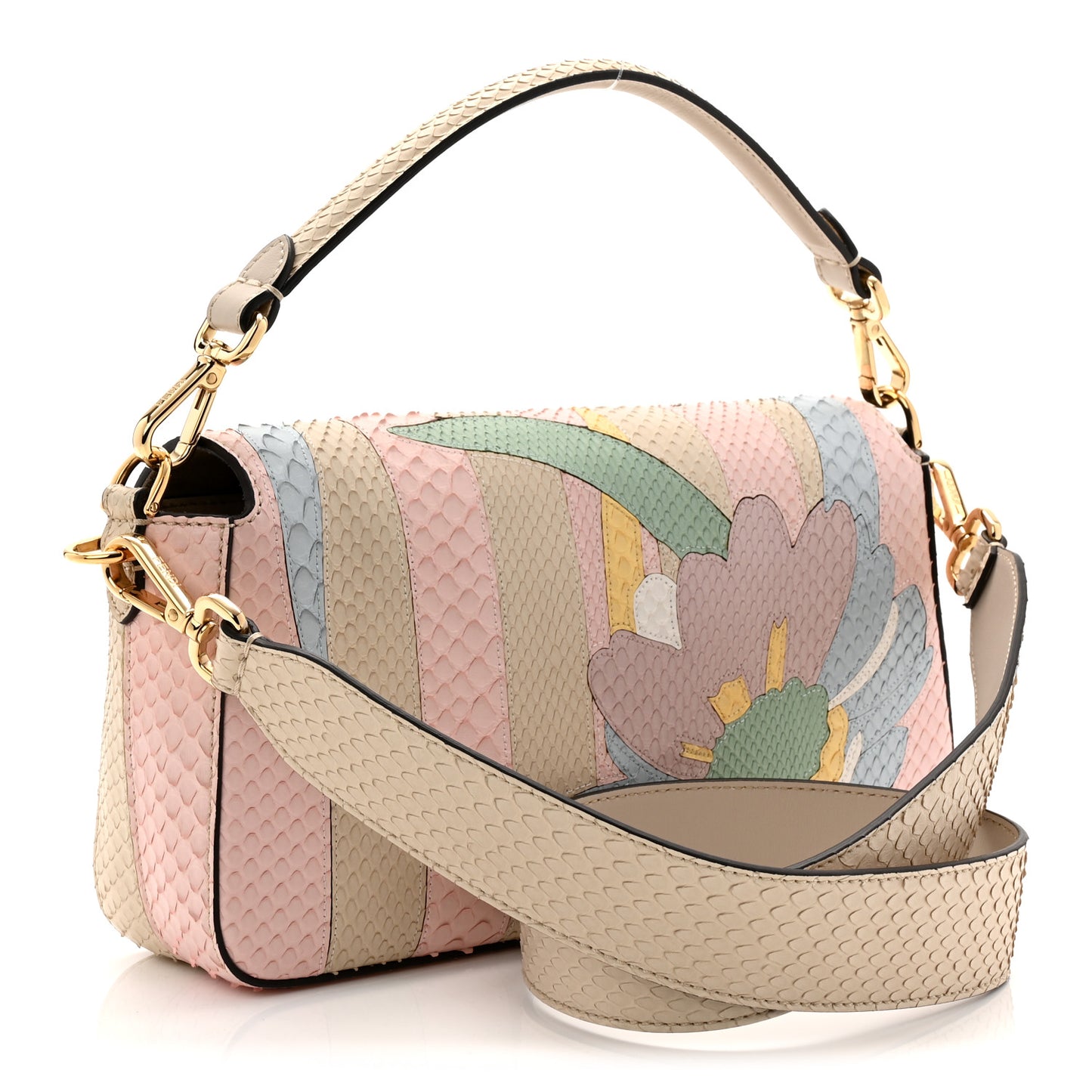 Snakeskin Floral Stitched Baguette Latte Multicolor