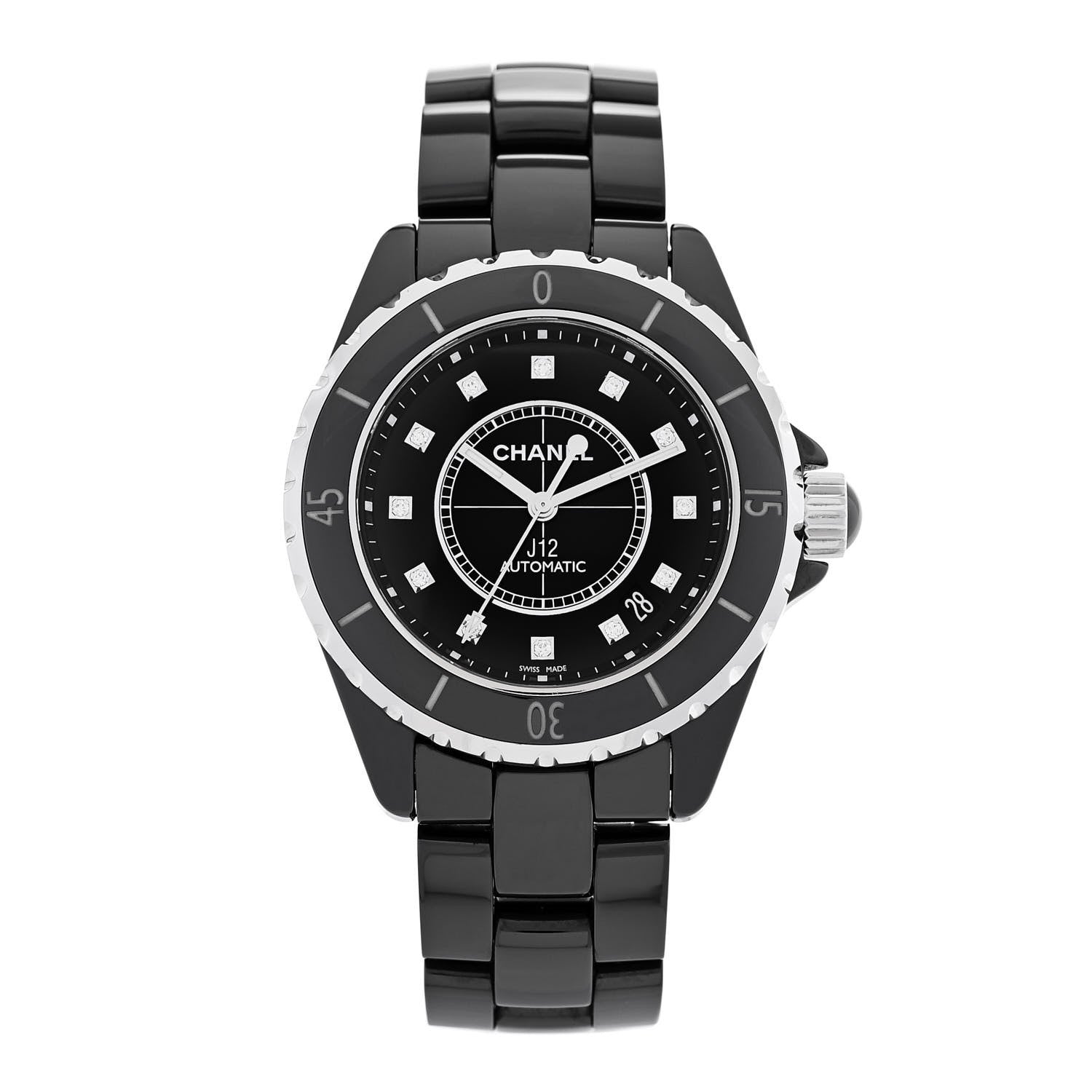 Chanel Stainless Steel Ceramic Diamond 38mm J12 Automatic Watch Black 1 of 4