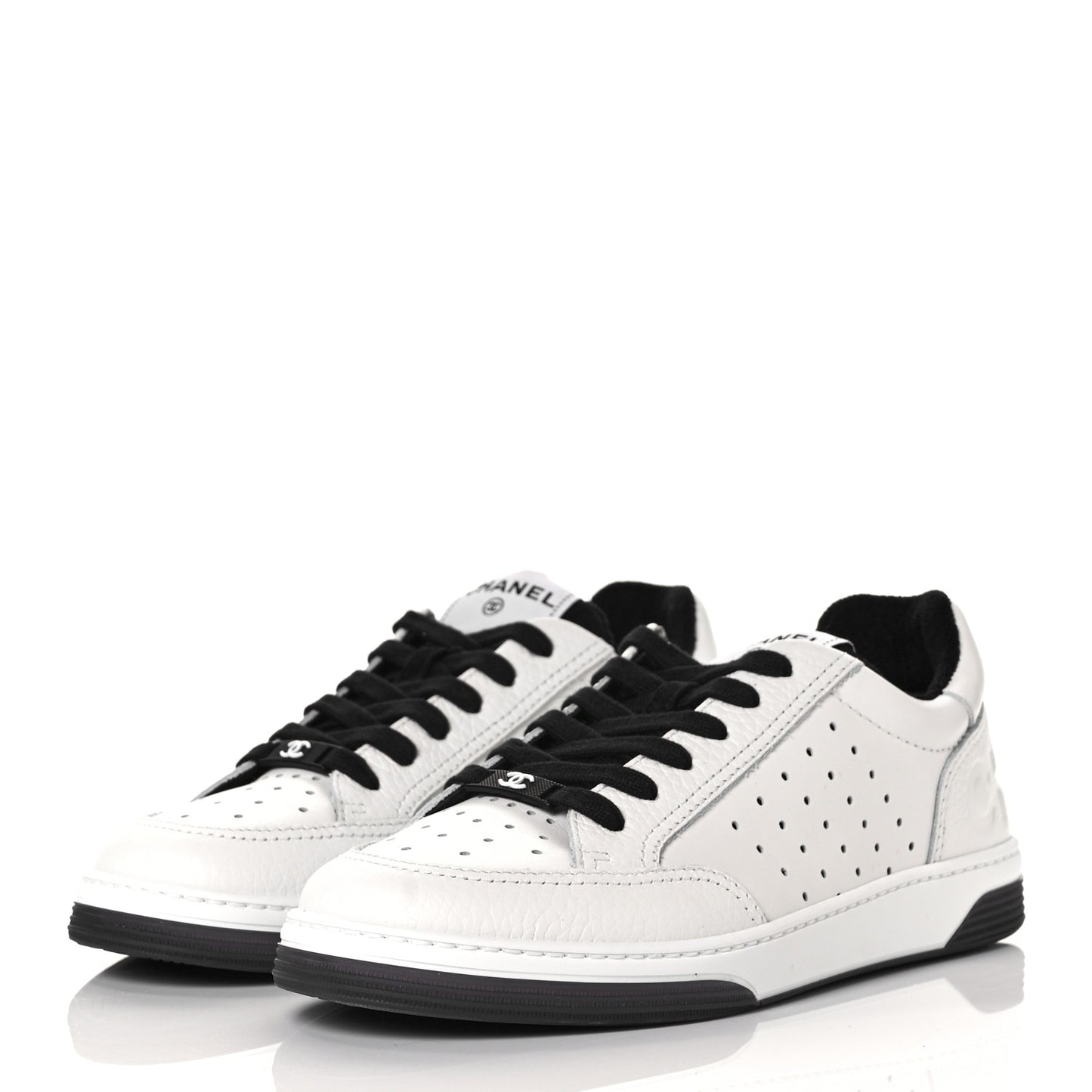 Grained Calfskin Fabric Womens Logo Sneakers 38.5 White Black