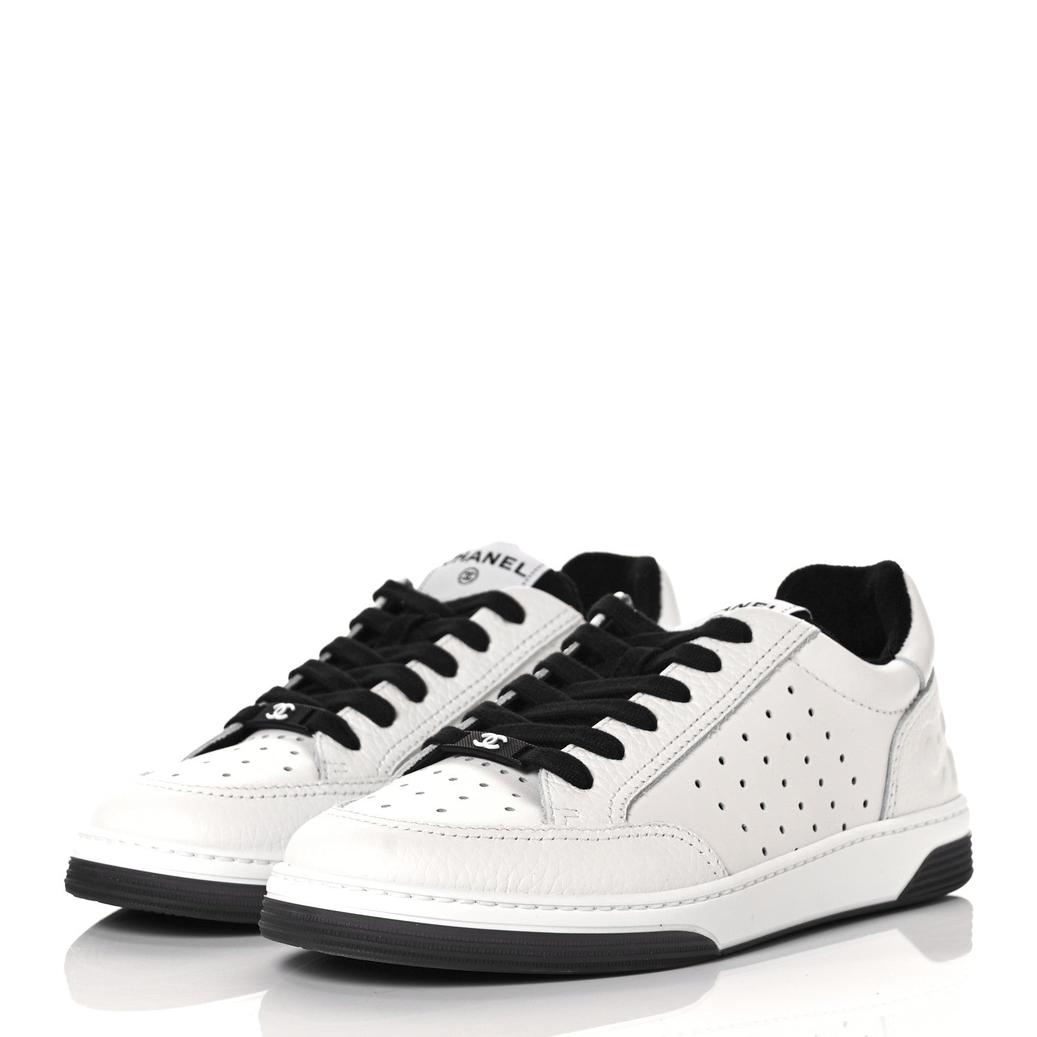 Chanel Grained Calfskin Fabric Womens Logo Sneakers 38.5 White Black 3 of 9