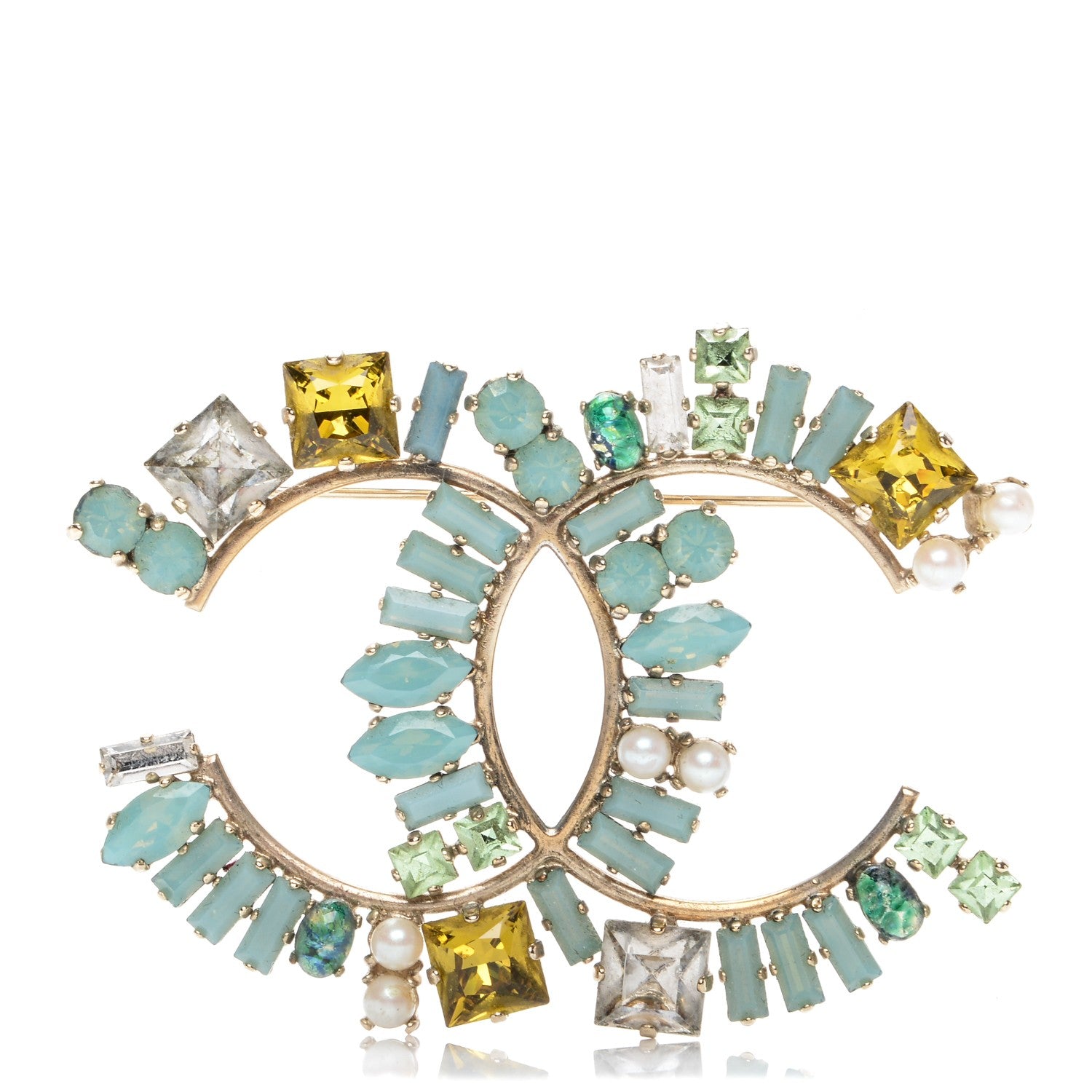 Chanel Baguette Crystal Pearl CC Brooch Blue Gold 1 of 4