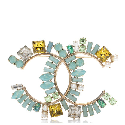 Chanel Baguette Crystal Pearl CC Brooch Blue Gold 1 of 4