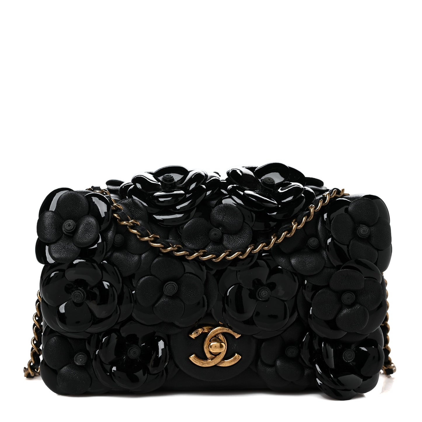 Lambskin Patent Mini Camellia Flap Black