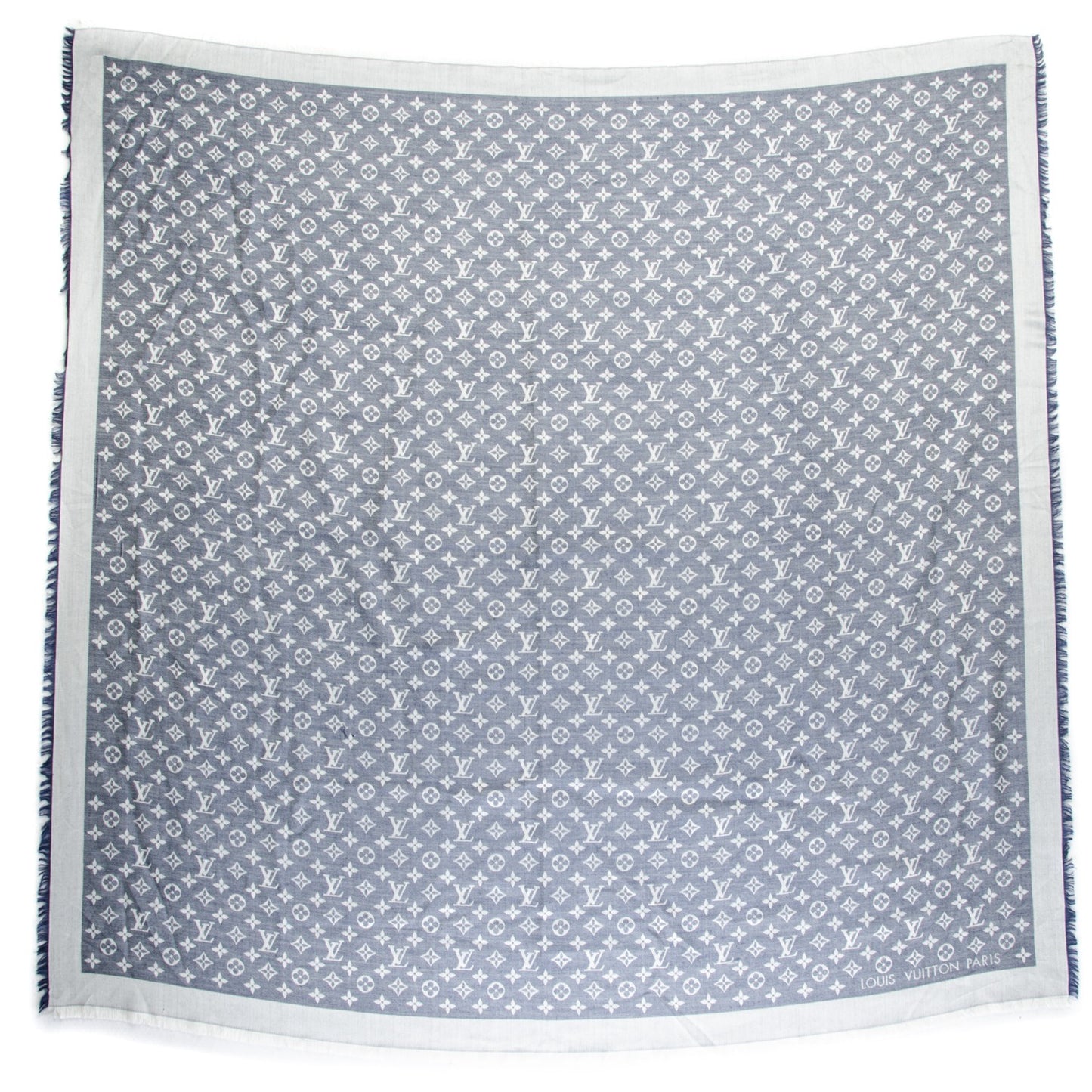 Wool Silk Monogram Denim Shawl Blue