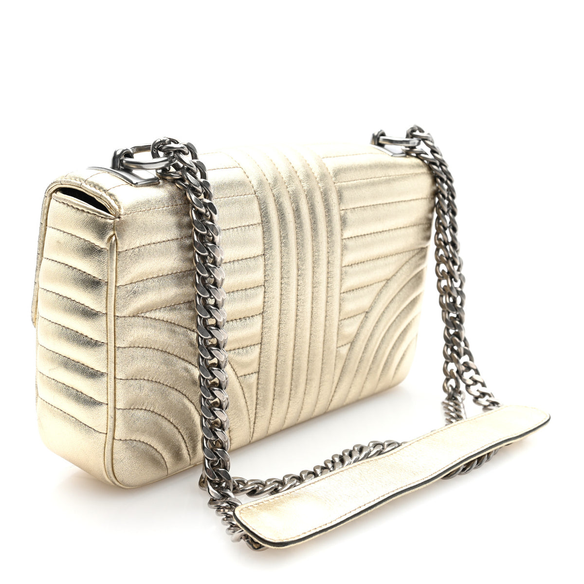 Metallic Nappa Impunture Diagramme Medium Chain Flap Shoulder Bag  Gold