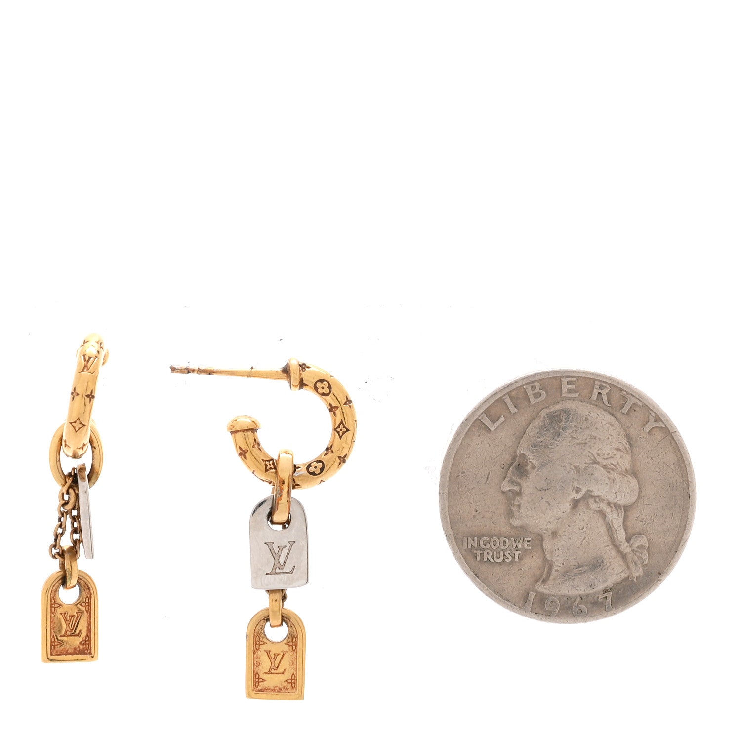 Louis Vuitton Nanogram Tag Drop Hoop Earrings Gold Silver 2 of 3