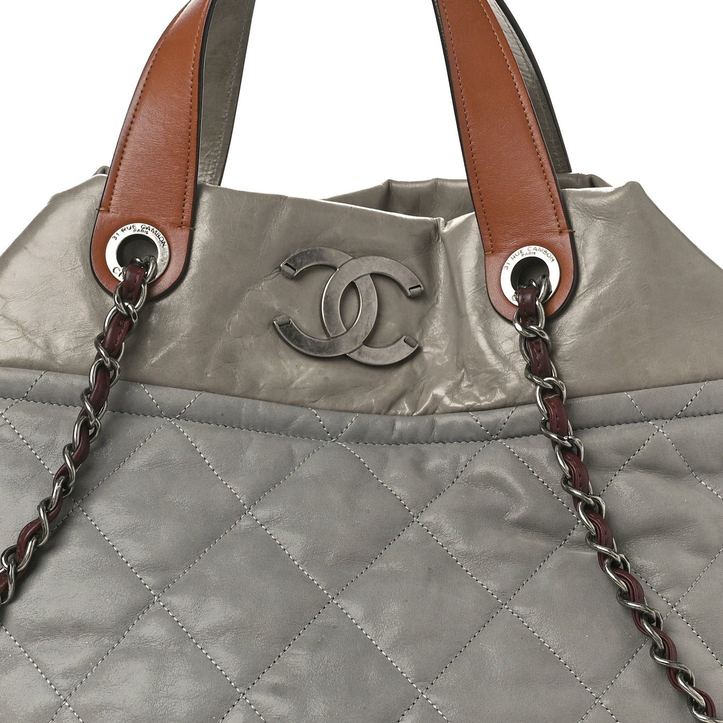 Iridescent Calfskin Quilted Large In The Mix Tote Grey