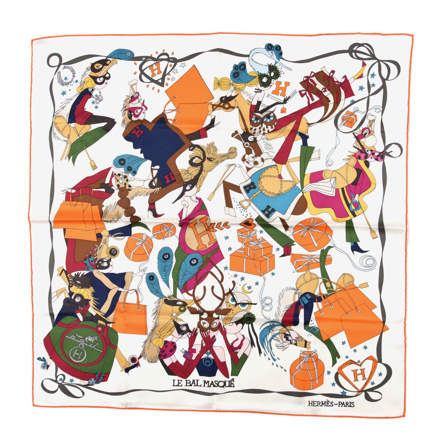 Hermes Silk Le Bal Masque Scarf 70 Orange White Multicolor 1 of 5