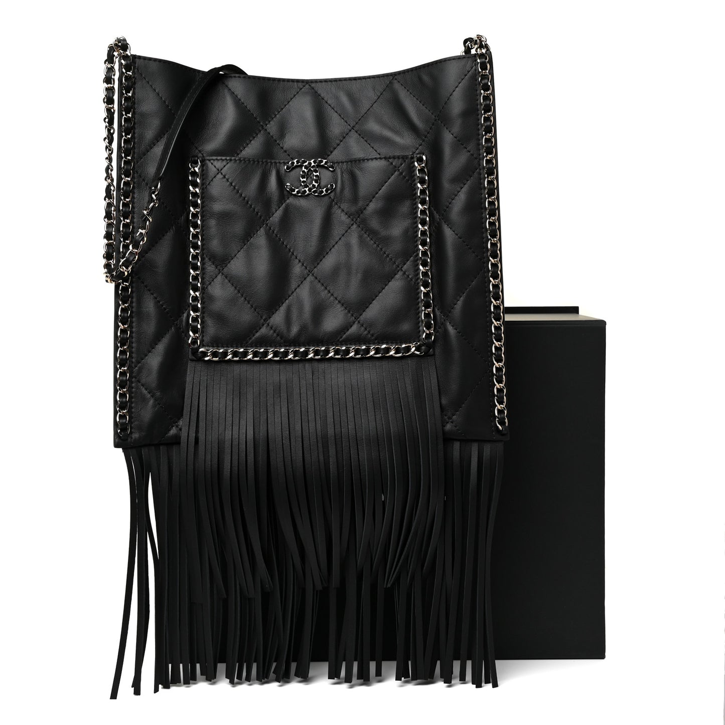 Calfskin Quilted Fringe Shopping Bag Black