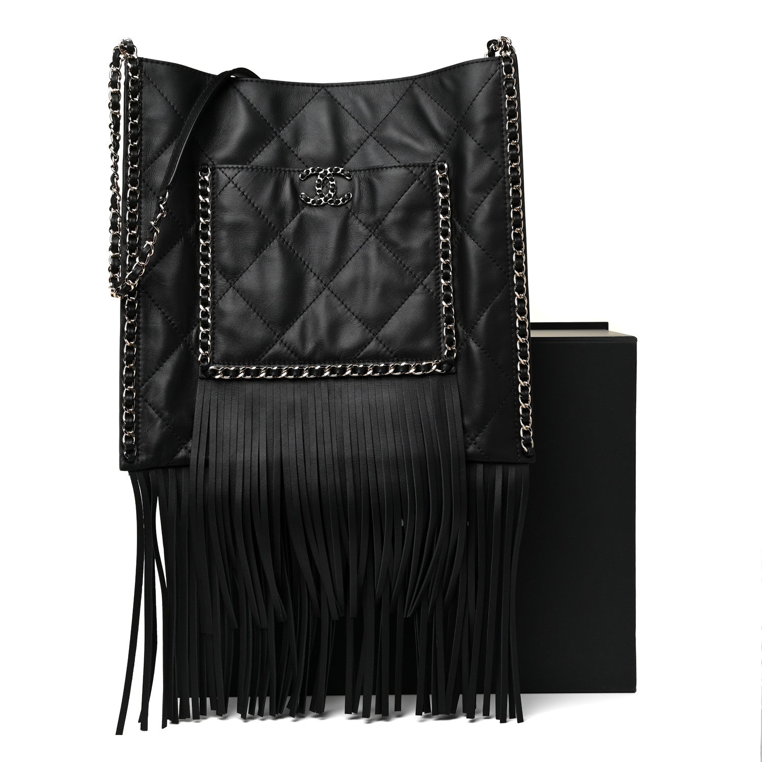 Chanel Calfskin Quilted Fringe Shopping Bag Black 13 of 13