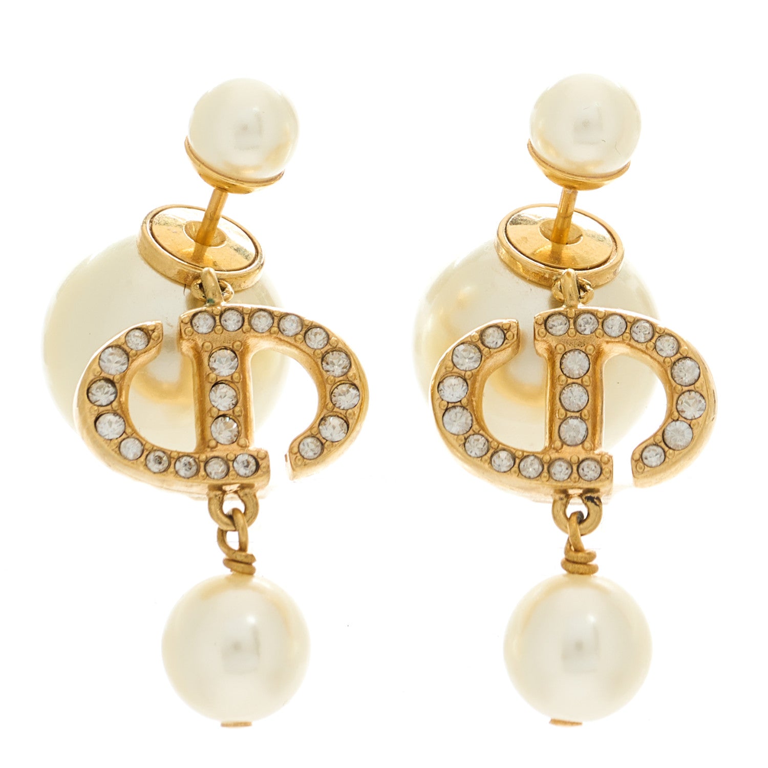 Christian Dior Pearl Crystal Tribal CD Drop Earrings Gold 1 of 5