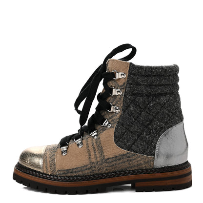 Chanel Tweed Flannel Calfskin Quilted Lace Up Boots 38.5 Beige Black 1 of 9