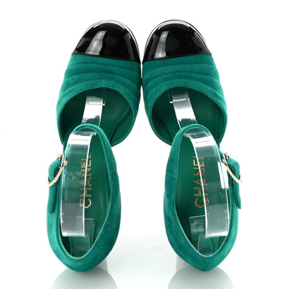 Chanel Suede Kidskin Patent Calfskin CC Platform Pumps 37.5 Green Black 2 of 10