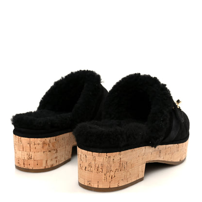 Chanel Suede Calfskin Shearling Turn Lock Clogs 38 Black 5 of 8