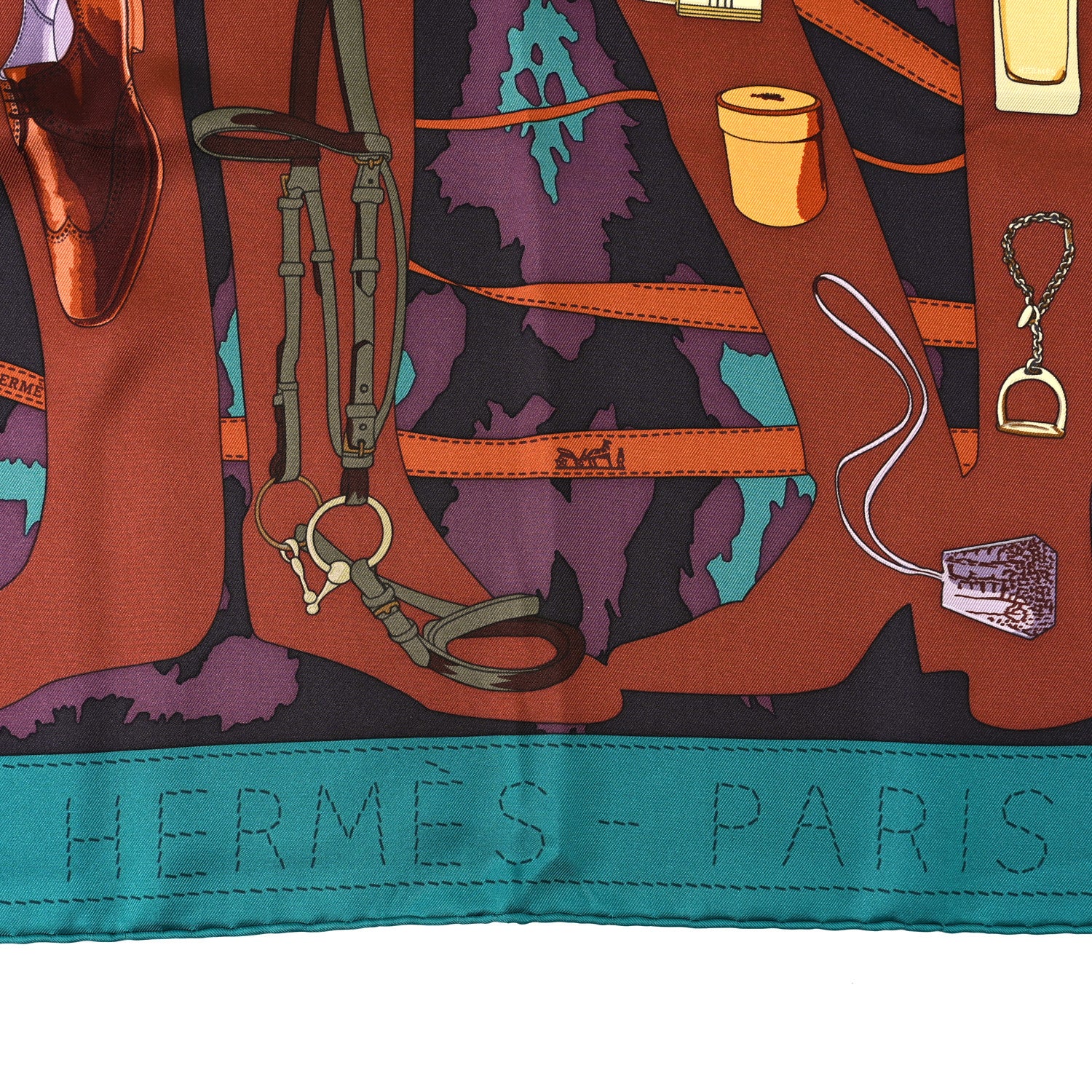 Hermes Silk Monsieur et Madame II Scarf 90 Canard Prune Chocolate 2 of 4