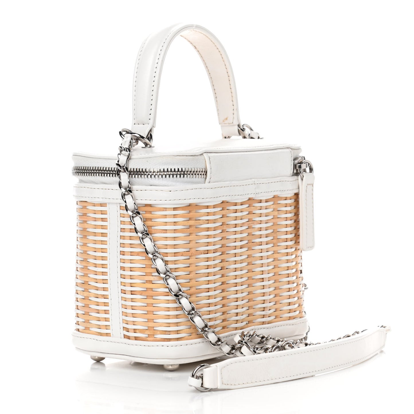 Calfskin Raffia Small Vanity Case Bag White Beige