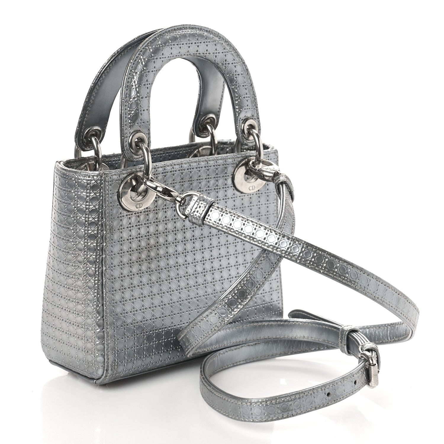 Christian Dior Metallic Patent Micro-Cannage Mini Lady Dior Silver