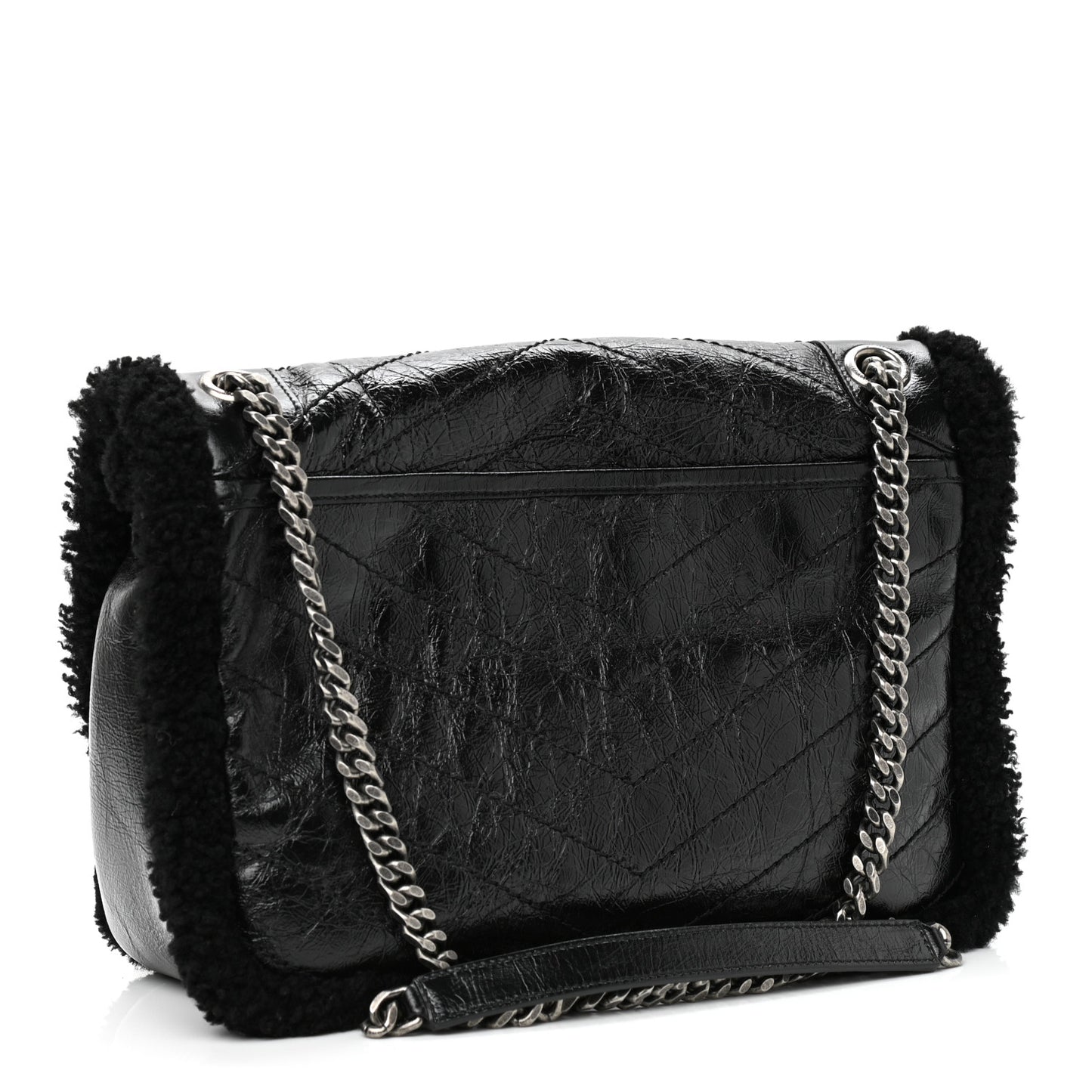 Crinkled Calfskin Shearling Monogram Medium Niki Chain Satchel Black