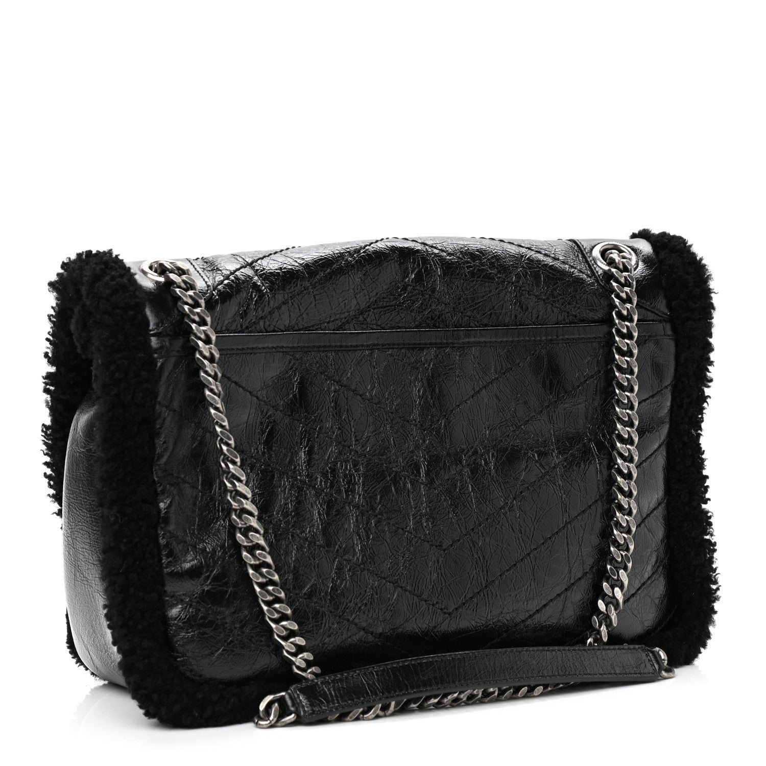 Saint Laurent Crinkled Calfskin Shearling Monogram Medium Niki Chain Satchel Black 3 of 11