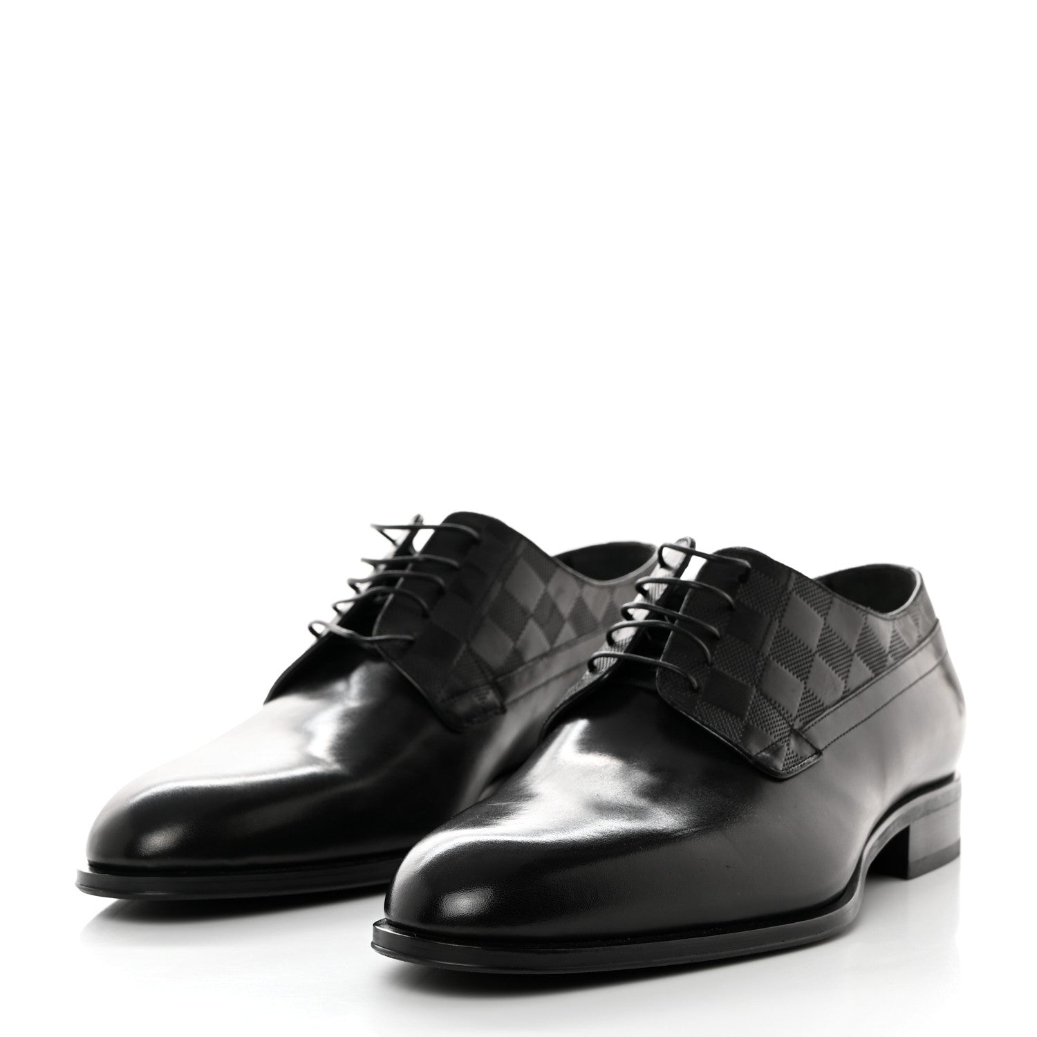 Louis Vuitton Glazed Calfskin Damier Embossed Haussmann Derby Lace Up Shoes 8 Black 3 of 9