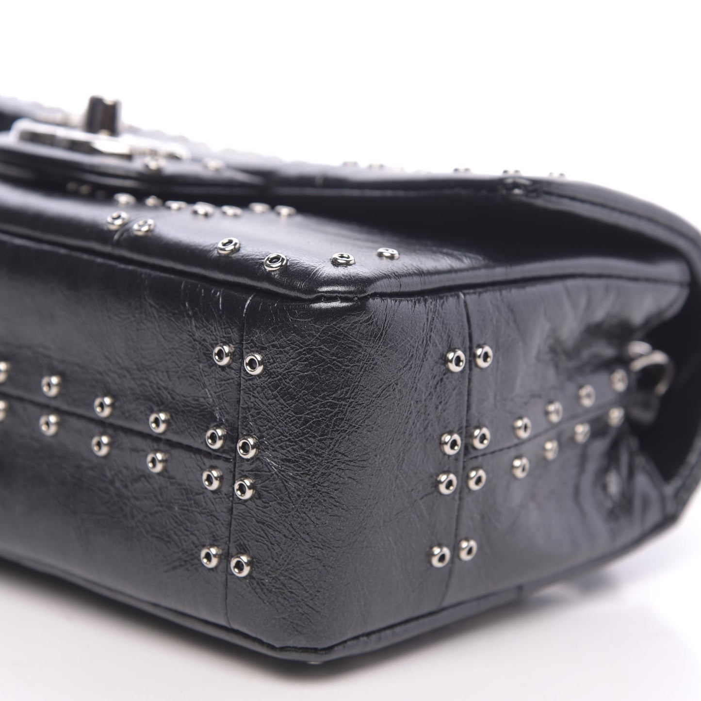 Glazed Calfskin Grommet Embellished Mini Airline Rectangular Flap Black