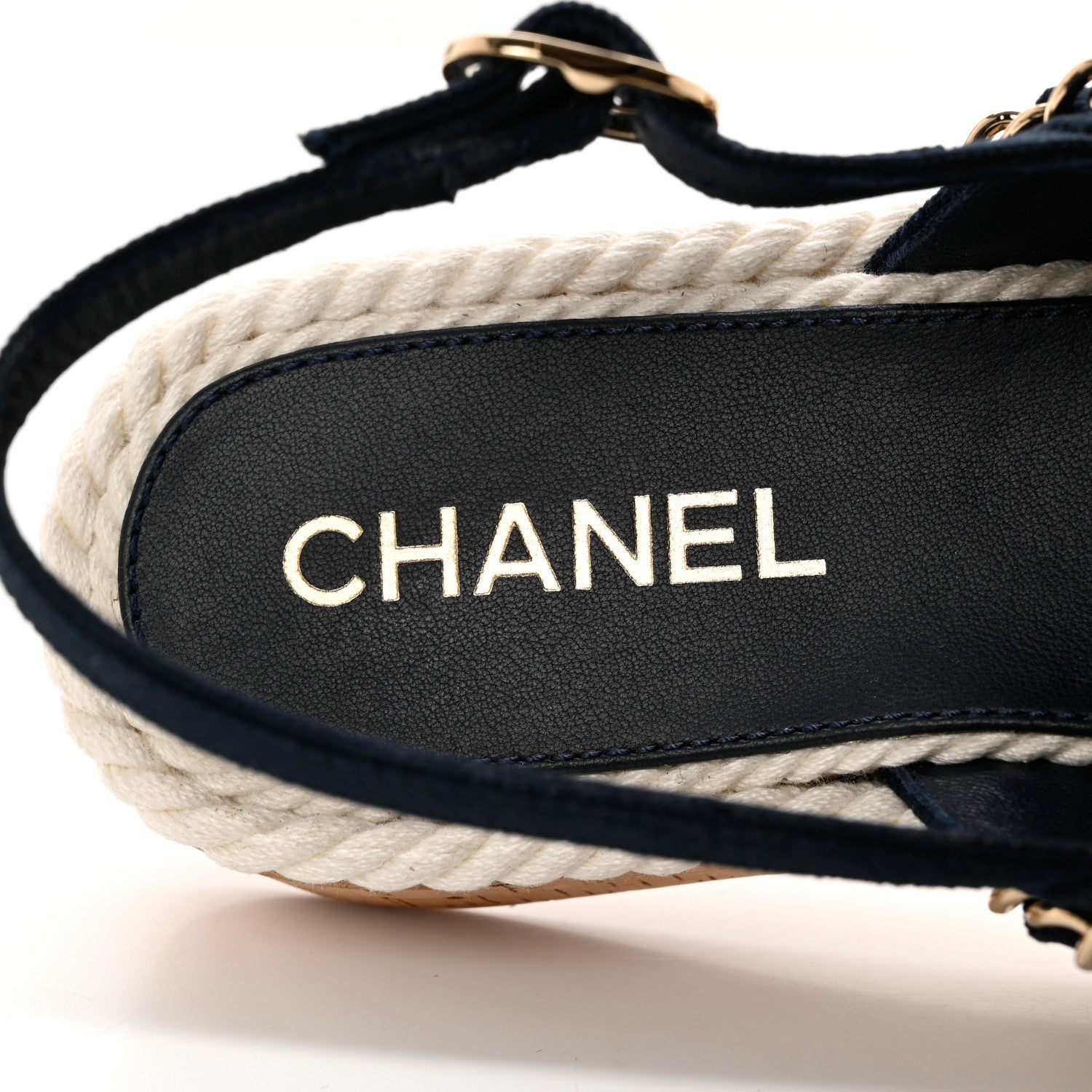 Chanel Lambskin Cotton Cork Printed Cap Toe Chain Mules Sandals 37 Navy White 8 of 9