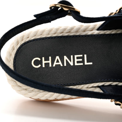 Chanel Lambskin Cotton Cork Printed Cap Toe Chain Mules Sandals 37 Navy White 8 of 9