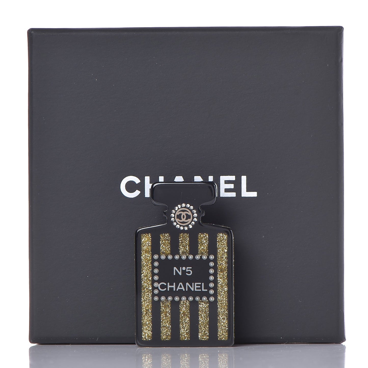 Resin Strass Perfume Bottle CC Brooch Black Gold