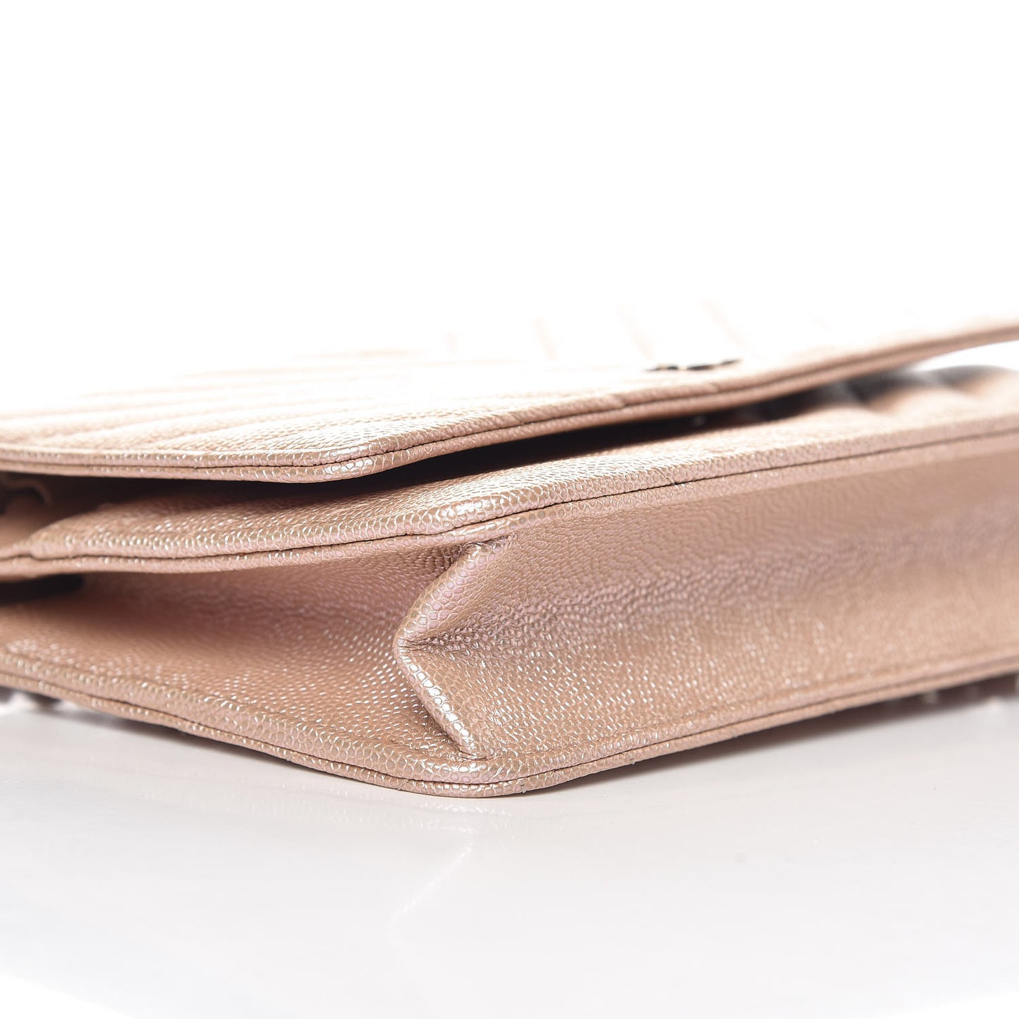Metallic Caviar Chevron Quilted Wallet On Chain WOC Light Gold