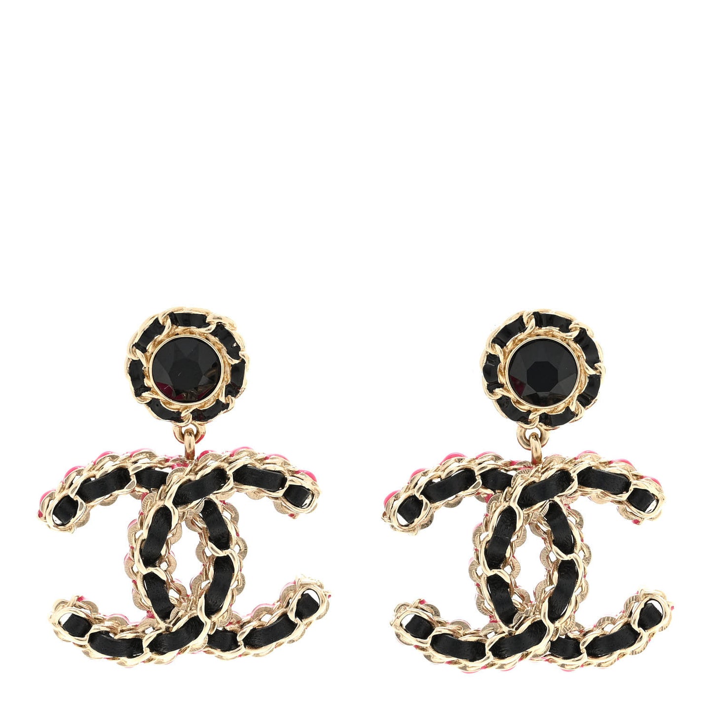 Metal Lambskin CC Chain Drop Earrings Black Gold Pink