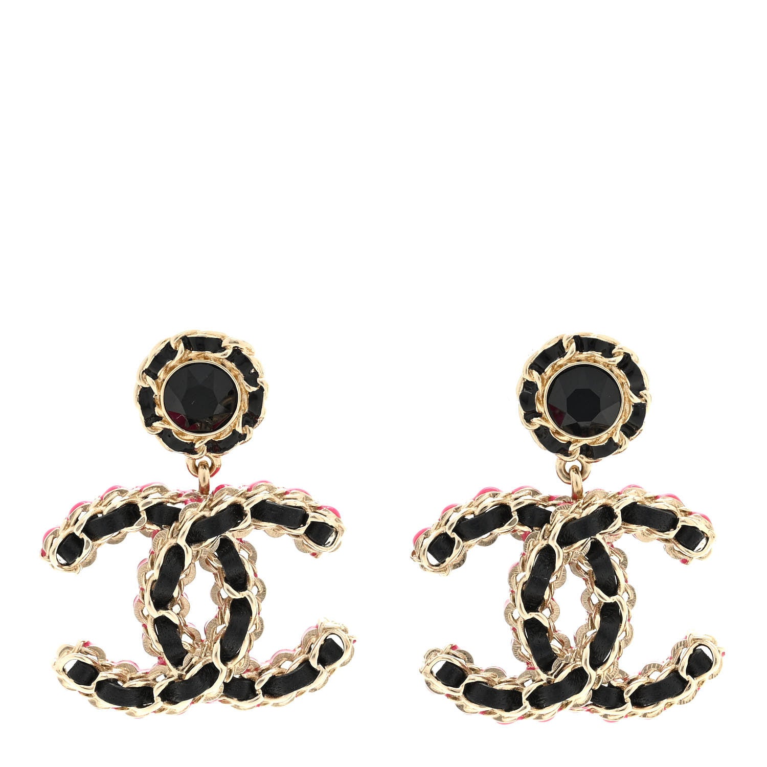 Chanel Metal Lambskin CC Chain Drop Earrings Black Gold Pink 1 of 4
