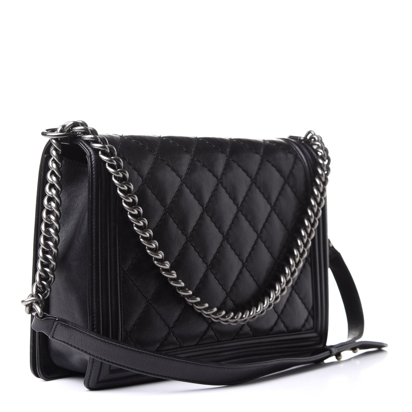 Calfskin Double Stitch Large Boy Flap Black