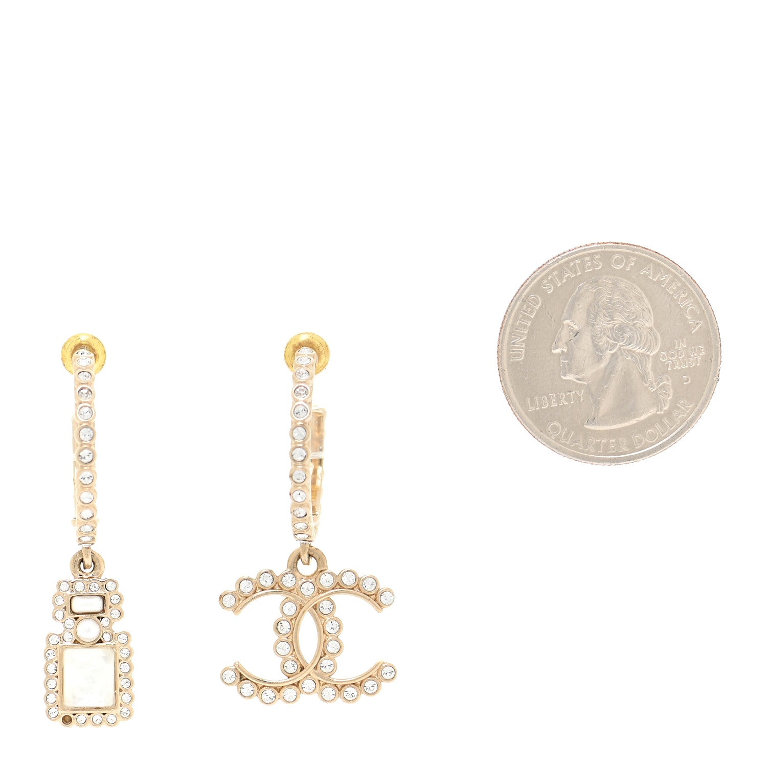Chanel Crystal Pearl CC Perfume Bottle Drop Hoop Earrings Gold 2 of 5