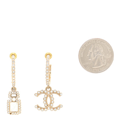 Chanel Crystal Pearl CC Perfume Bottle Drop Hoop Earrings Gold 2 of 5