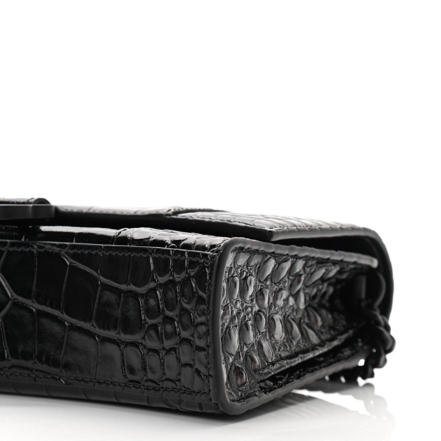 Shiny Calfskin Monochrome Crocodile Embossed Small Hourglass Evening Chain Bag Black