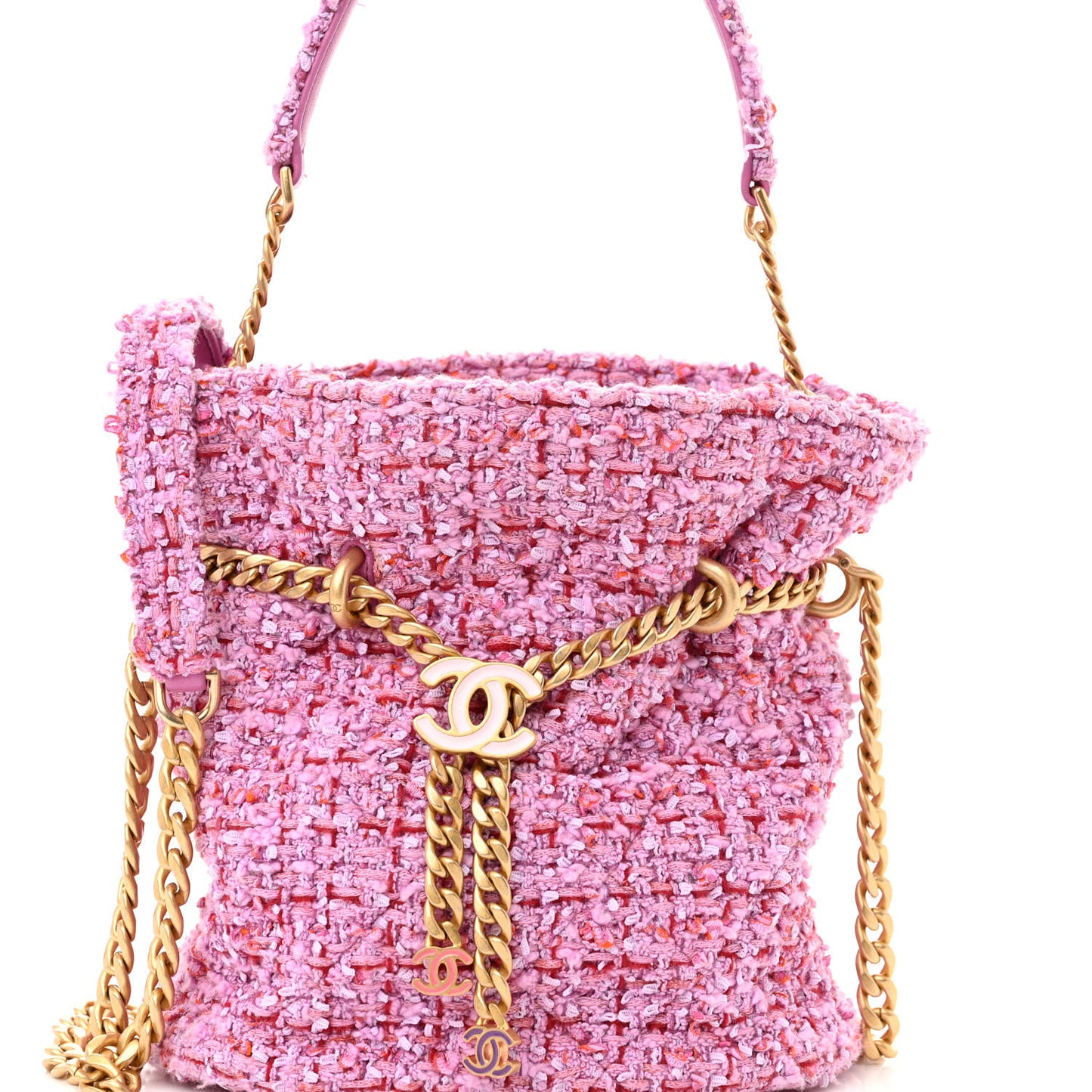 Tweed Enamel Quilted Pending CC Bucket Drawstring Bag Light Purple Pink Red
