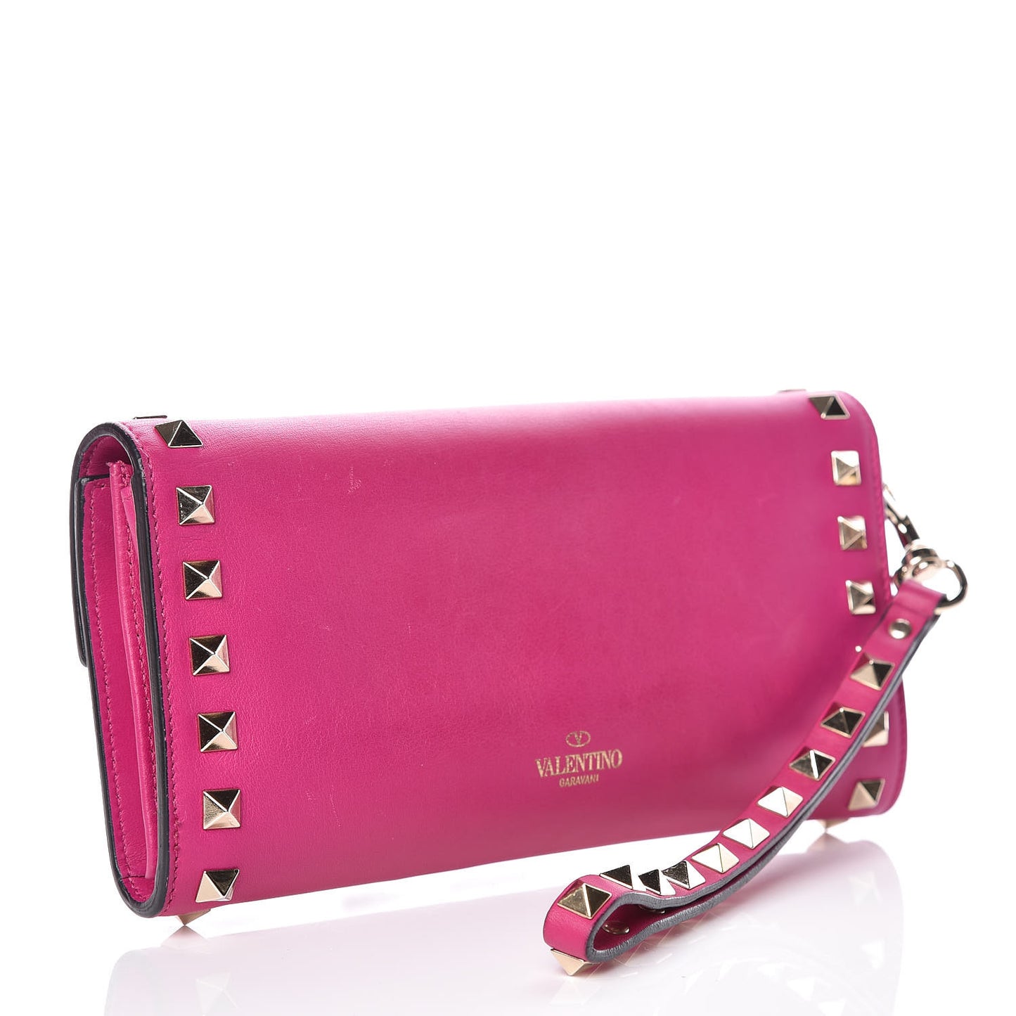 Calfskin Rockstud Wristlet Travel Wallet Fuxia