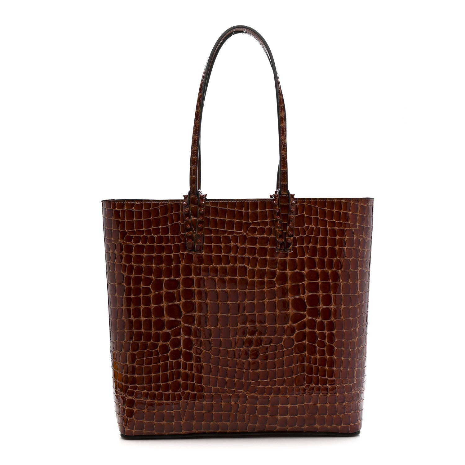 Christian Louboutin Patent Calfskin Crocodile Embossed Spikes Zipped Cabata Tote Acajou 1 of 10