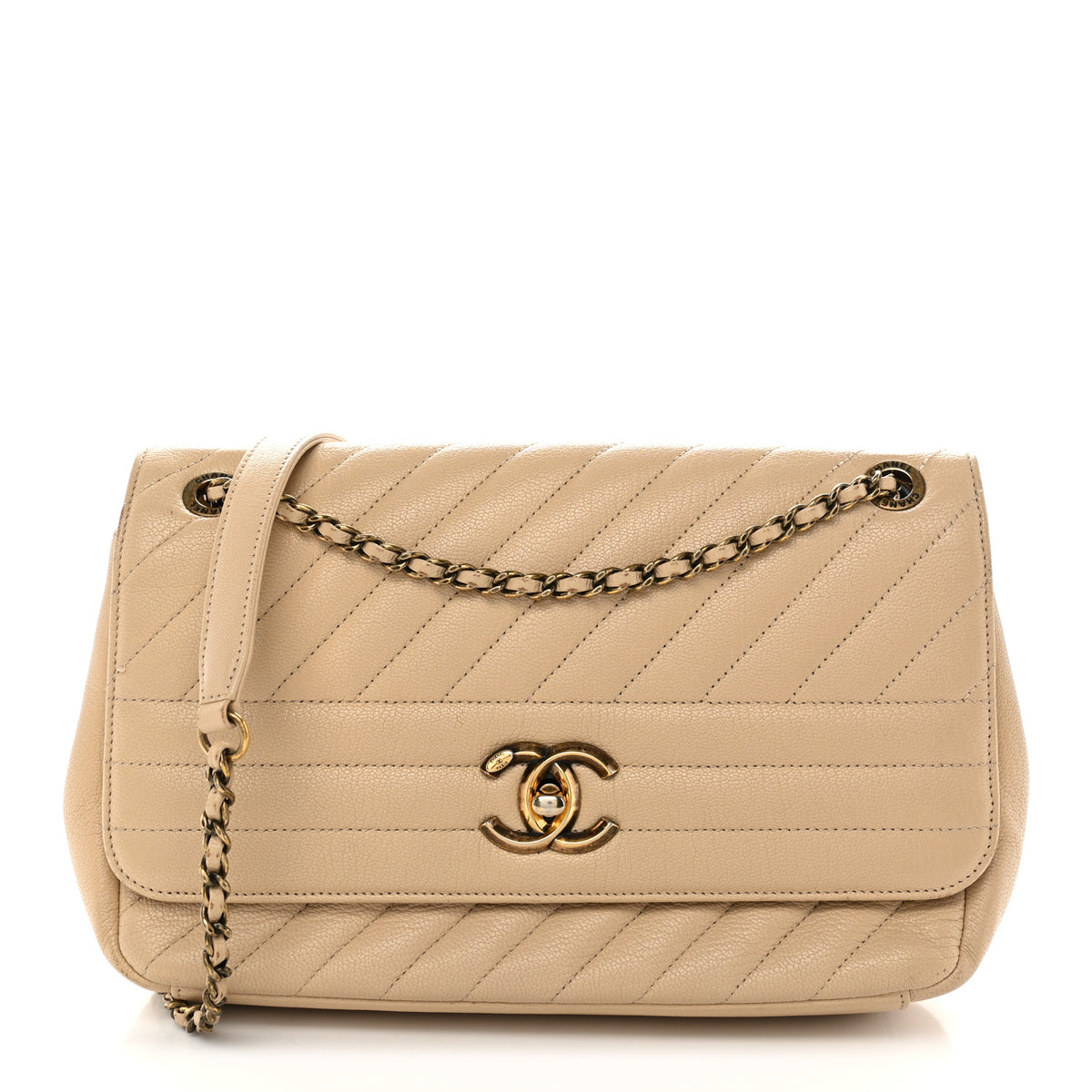 Chanel Shiny Goatskin Diagonal Quilted Medium Flap Beige 1 of 12